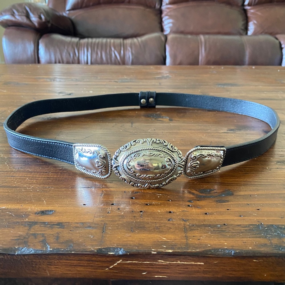 Chico's Black Genuine Leather Ornate Silver Buckle Belt Size Small